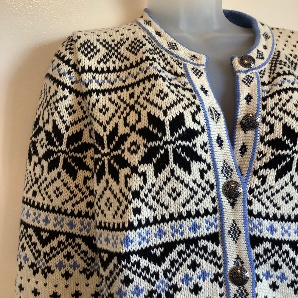 LL Bean Womens Fair Isle Cotton Cardigan Sweater Snowflake Blue Cream M-Reg